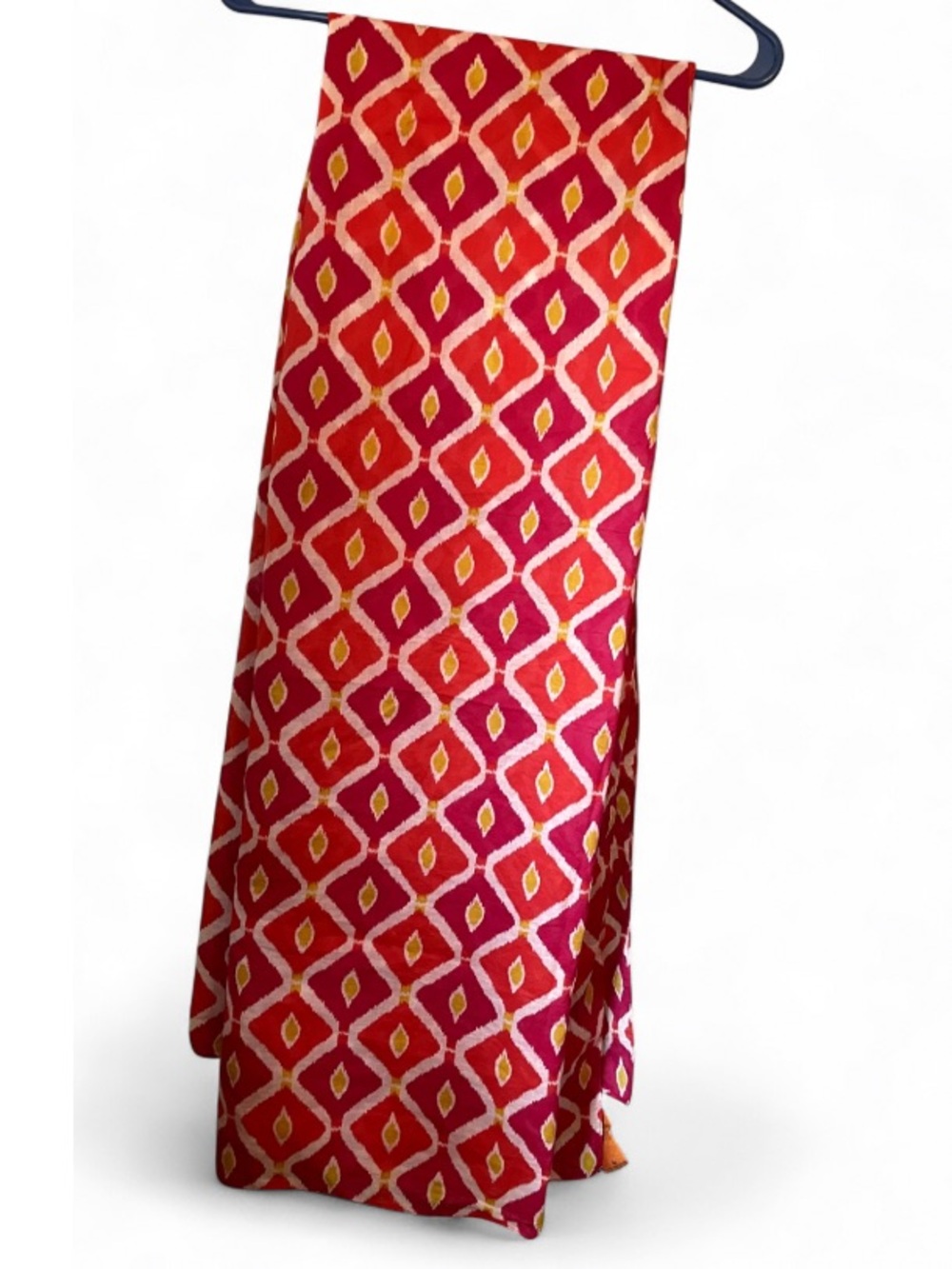 Tory Burch Maroon/Orange Geometric Wrap Scarf, vibrant pattern, 100% Cotton.